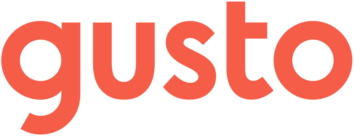 Gusto company logo in bold lowercase red letters.