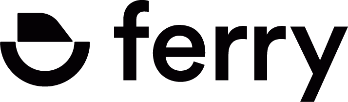 Ferry brand logo with stylized black circular boat icon to the left of the word ferry.