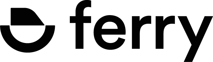Ferry brand logo with stylized black circular boat icon to the left of the word ferry.