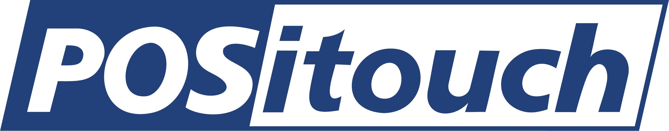 Positouch logo with stylized text in dark blue and black on a blue background.