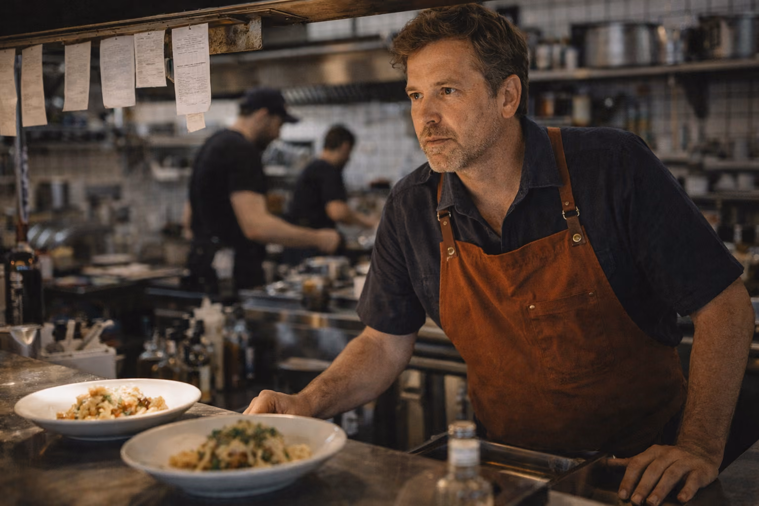 Male chef in orange apron inspecting plated dishes in a busy restaurant kitchen.