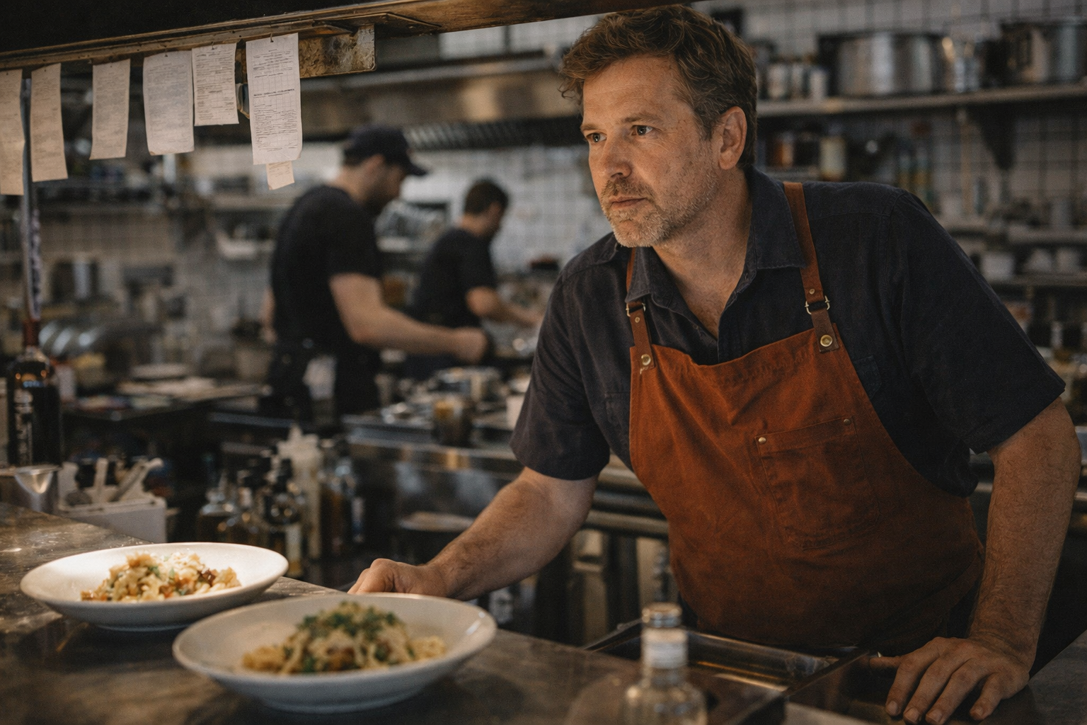 Male chef in orange apron inspecting plated dishes in a busy restaurant kitchen.