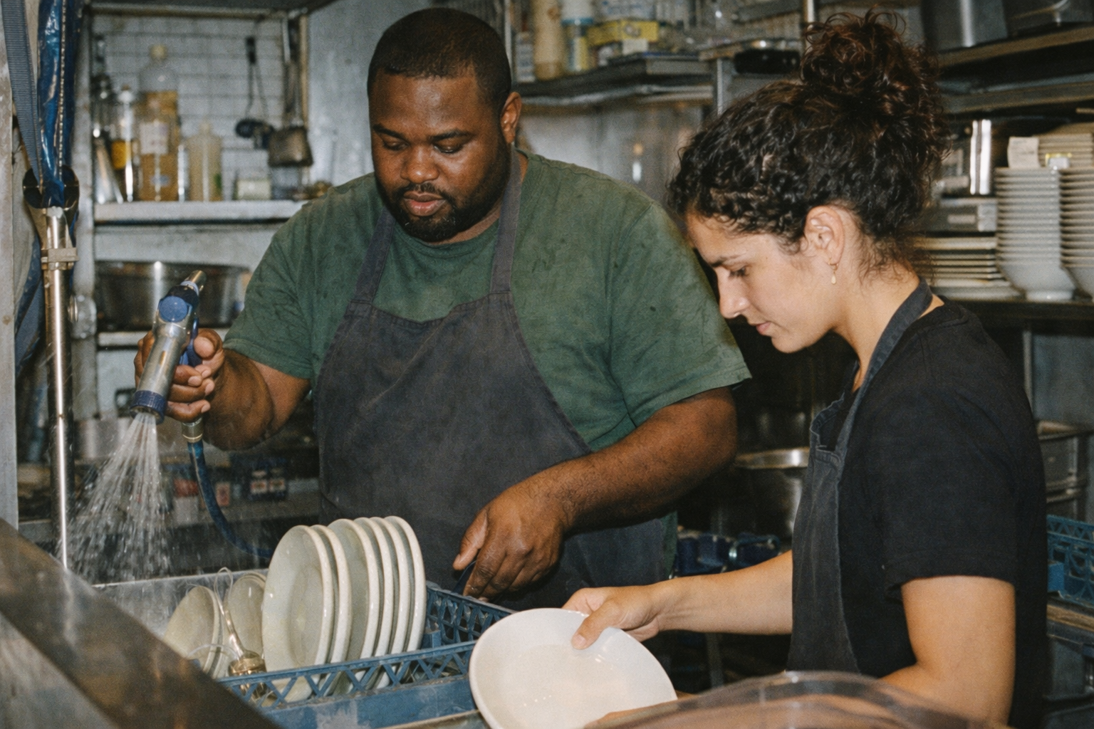 Two people washing dishes in an industrial kitchen, one spraying water, the other holding a plate.