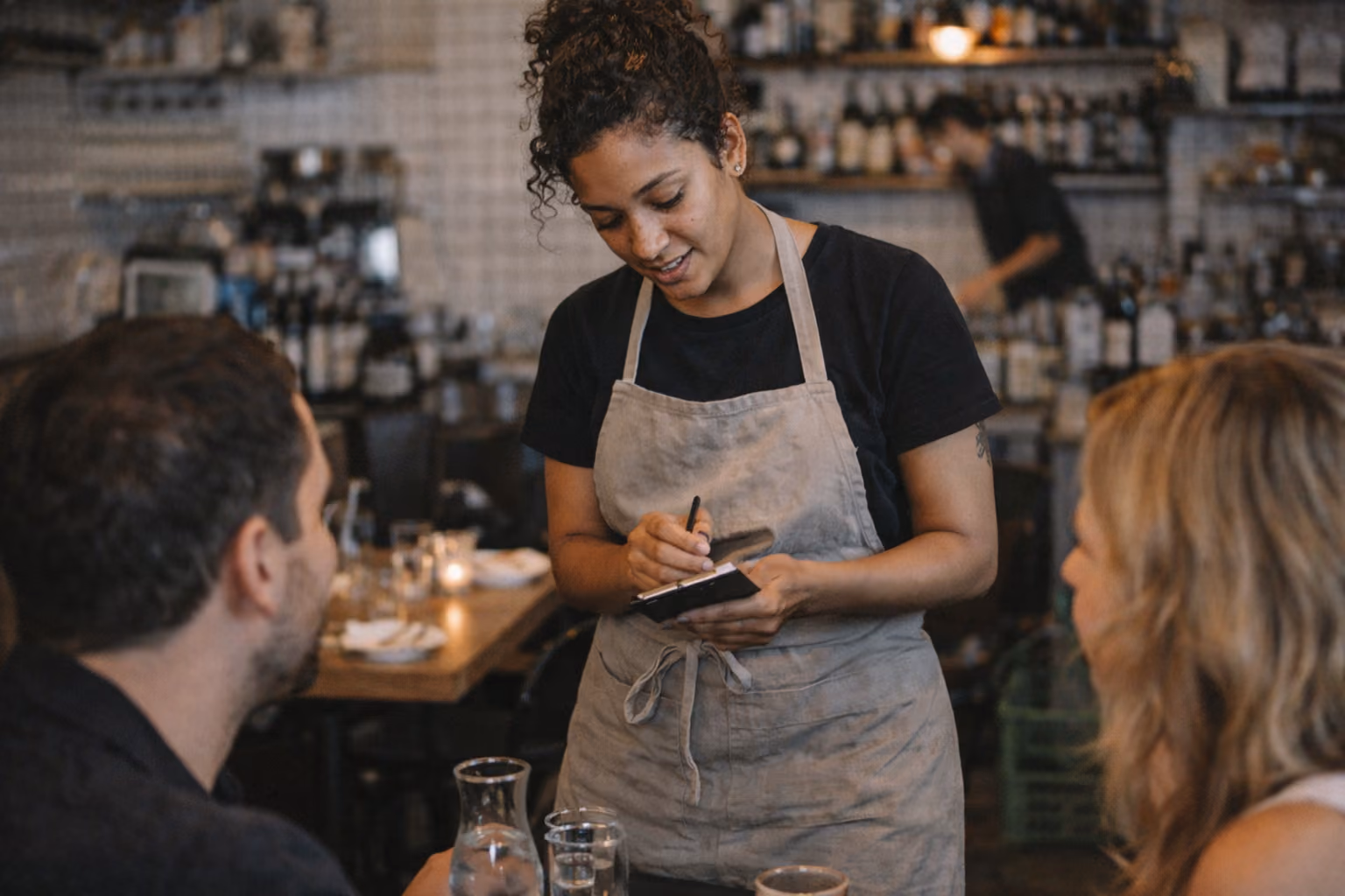 Waitress in apron taking order from couple at a restaurant table with glasses and pitcher.
