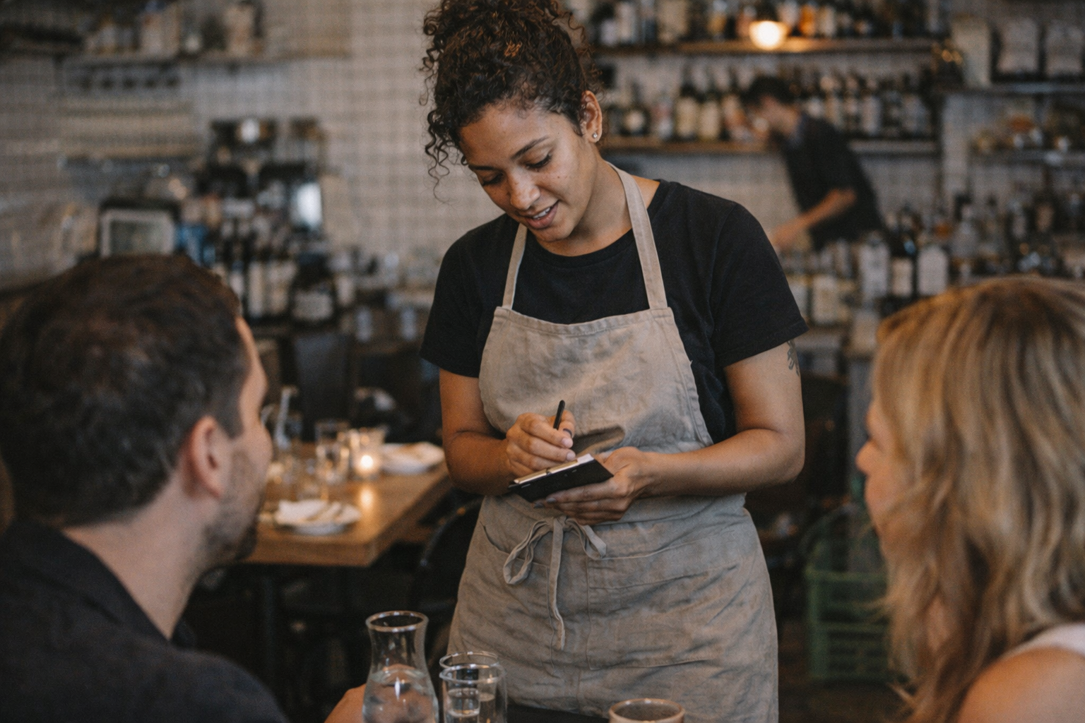 Waitress in apron taking order from couple at a restaurant table with glasses and pitcher.