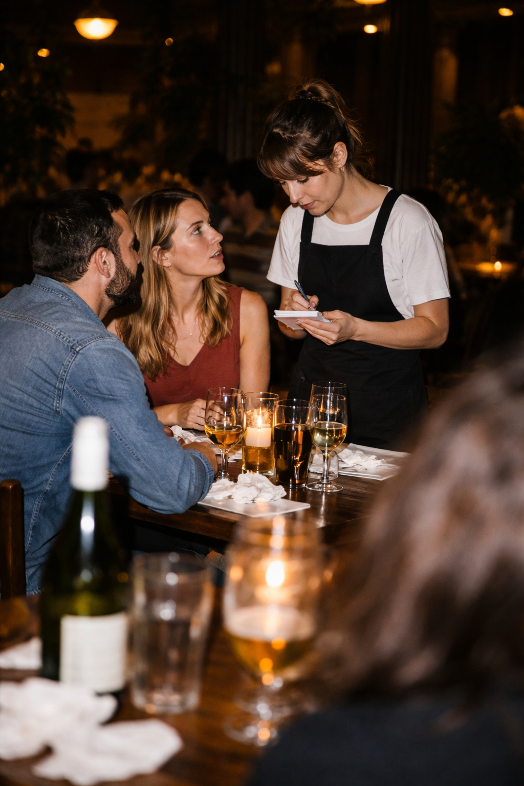 Waitress taking order from a couple seated at a candlelit restaurant table with drinks.