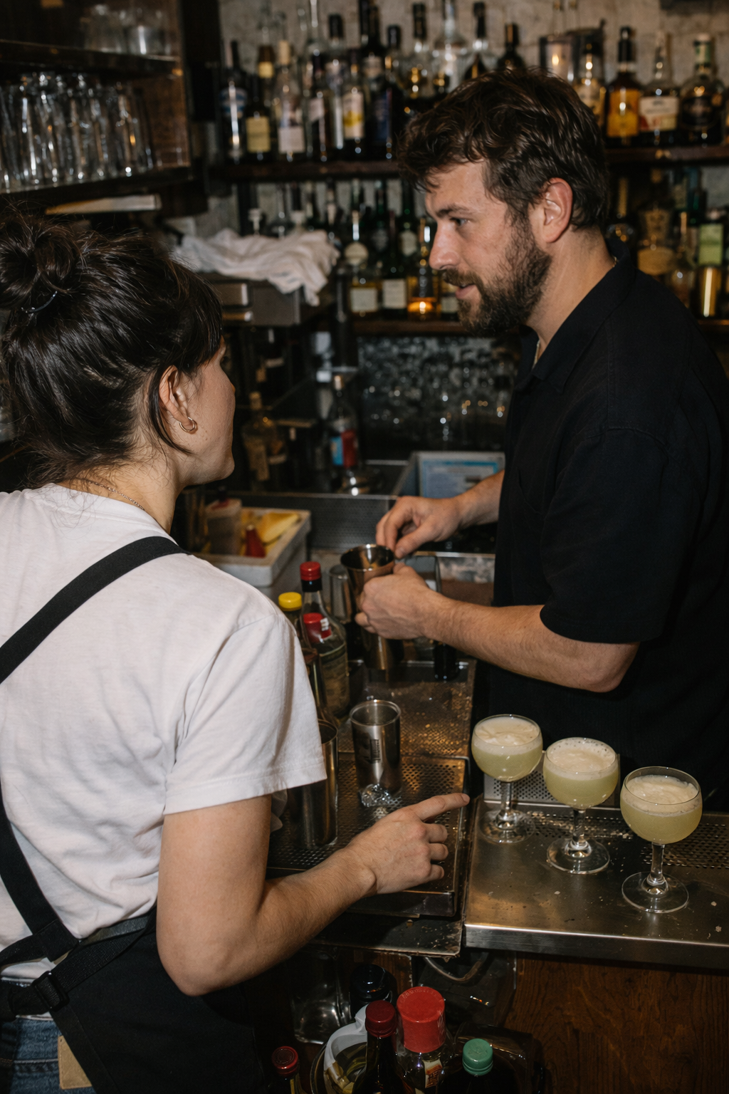 Female bartender talking to male bartender who is preparing cocktails behind the bar.