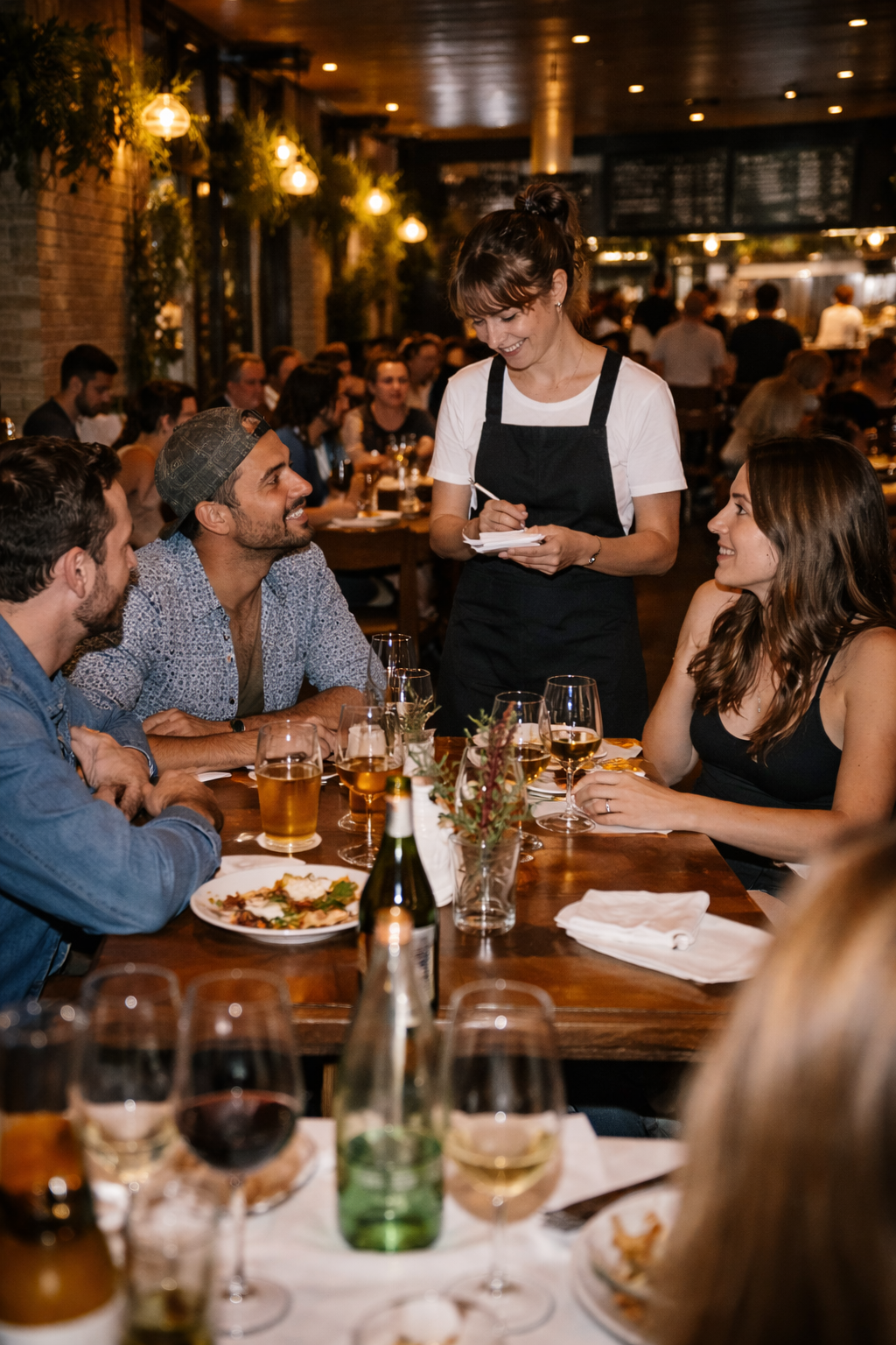 Smiling waitress taking order from three diners seated at a busy restaurant table with drinks and food.