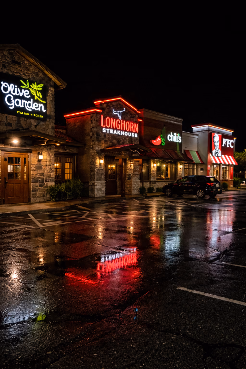 Night view of Olive Garden, LongHorn Steakhouse, Chili's, and KFC restaurant signs and entrances.