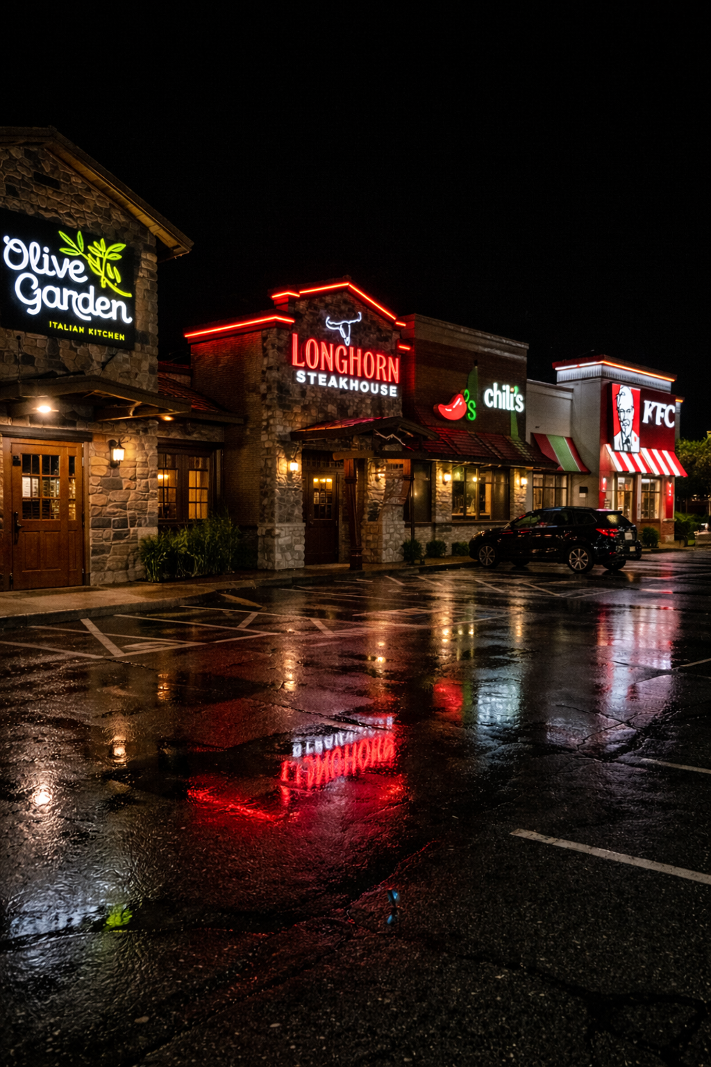 Night view of Olive Garden, LongHorn Steakhouse, Chili's, and KFC restaurant signs and entrances.