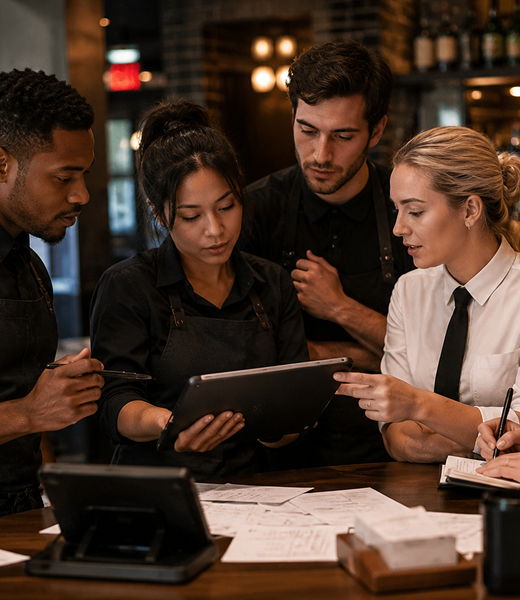 Four restaurant staff in uniforms reviewing a tablet together over a table with papers.