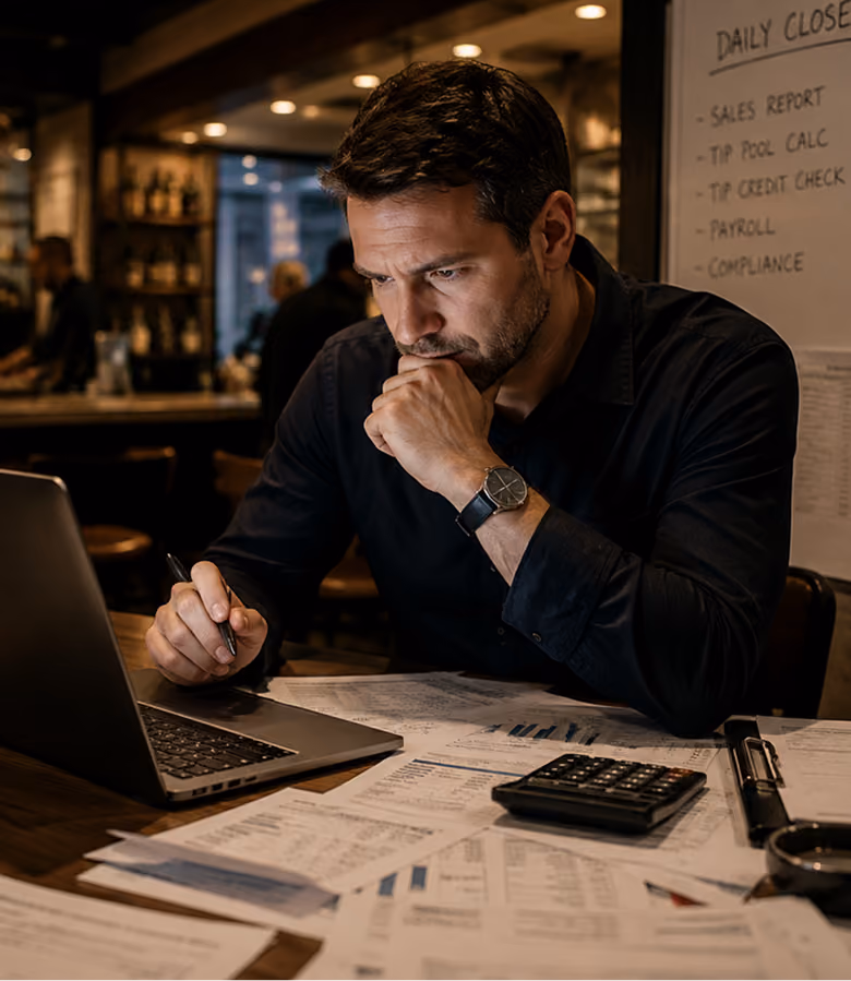 Man focused on laptop, surrounded by financial documents and a calculator in a dimly lit workspace.