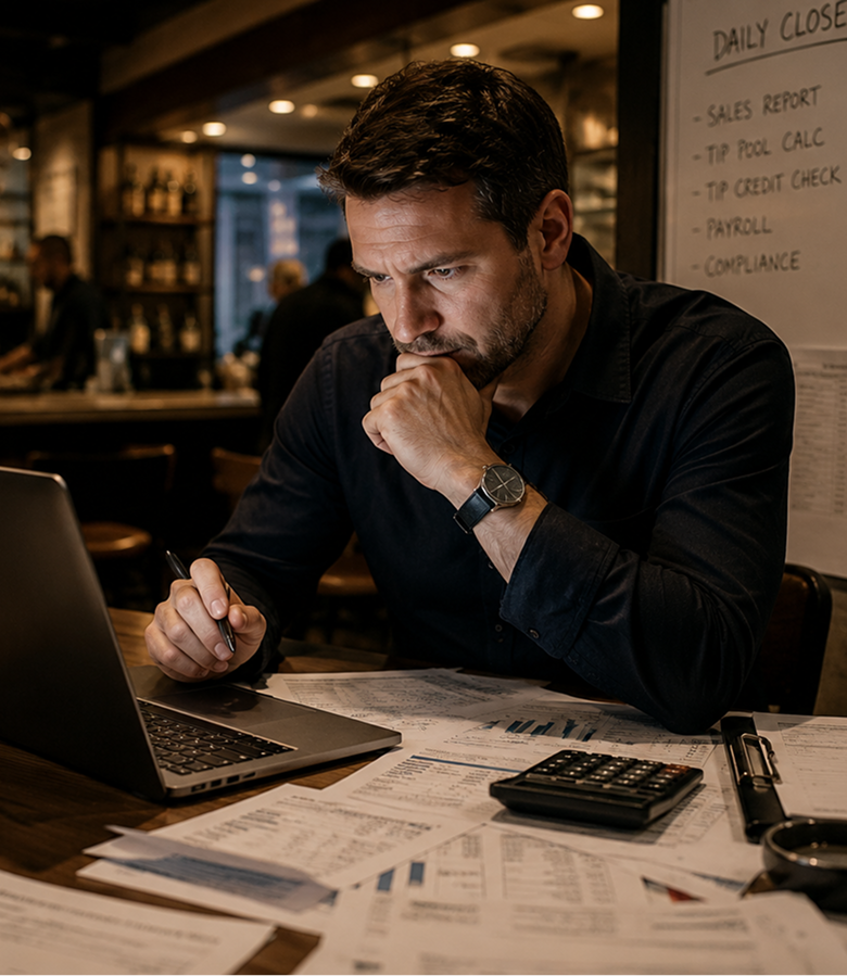 Man focused on laptop, surrounded by financial documents and a calculator in a dimly lit workspace.