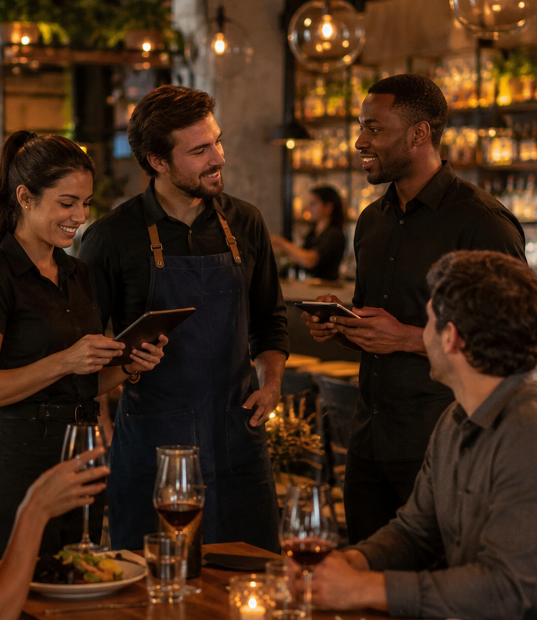 Three restaurant staff with tablets talking to diners at a warmly lit table with wine glasses and food.