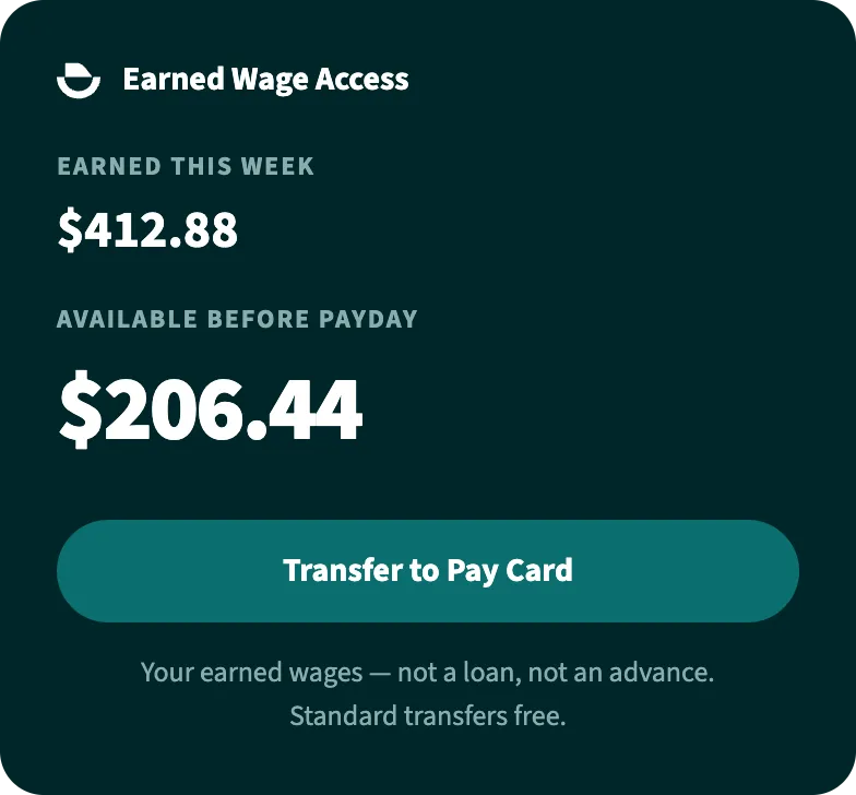 Earned wage access widget — wages earned this week and the amount available before payday, transferable to the Pay Card.