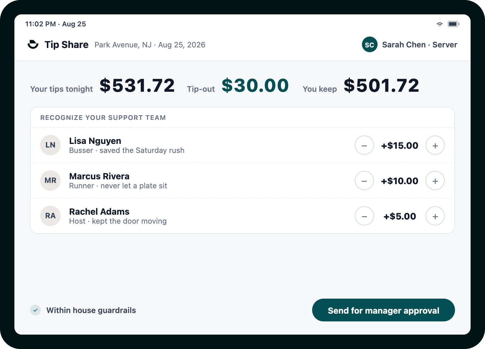 Tip Share App on a POS tablet — a server allocates extra tip-out to support staff within house guardrails, pending manager approval.