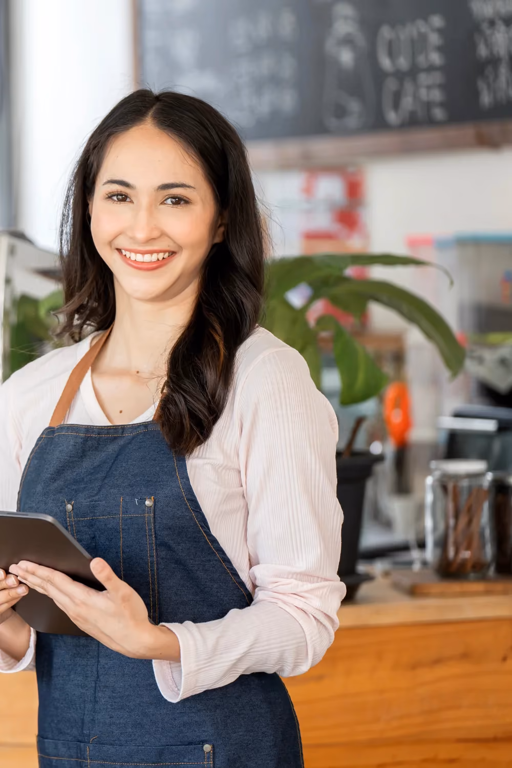 Café staff member with a tablet, checking earned wages available before payday.