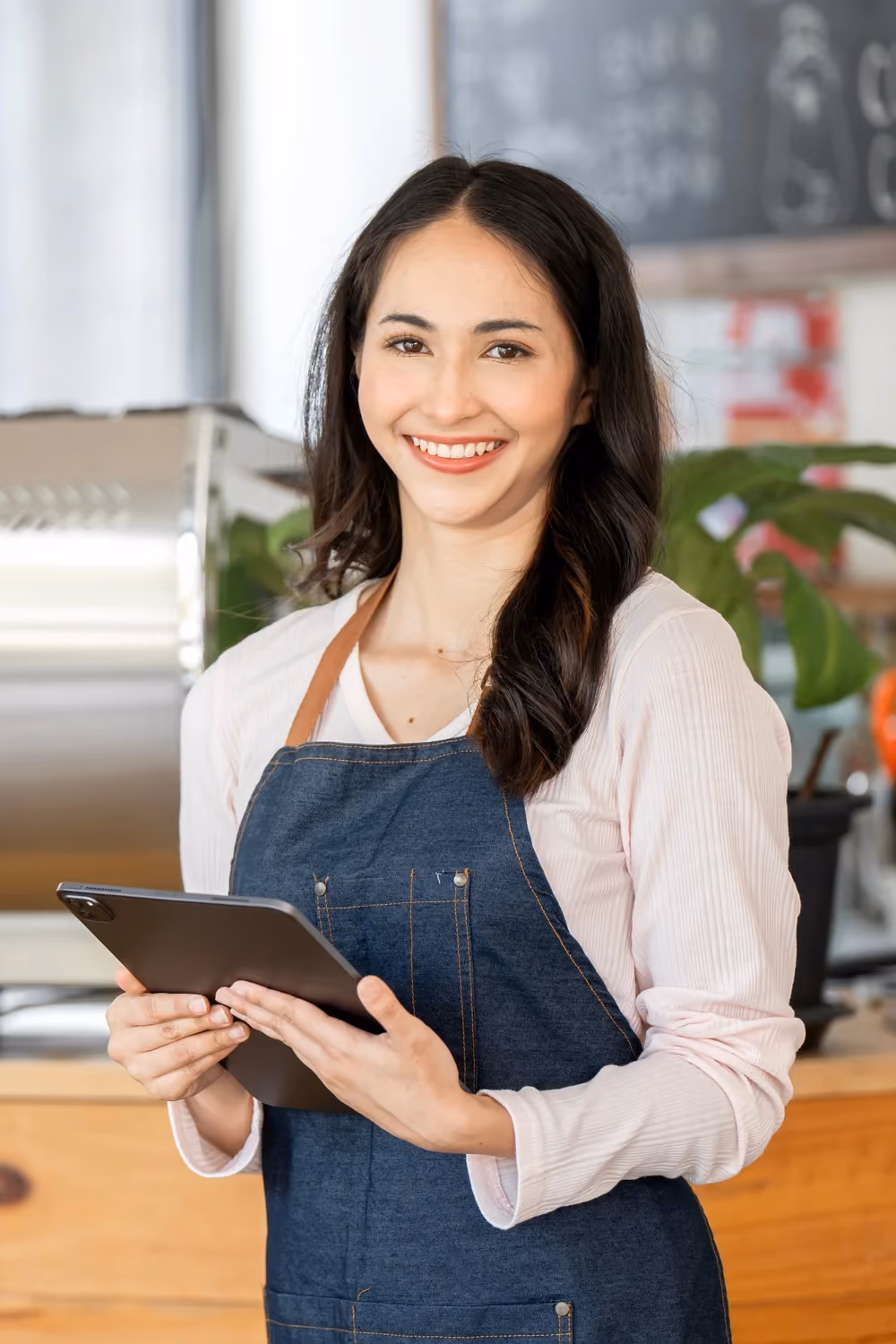 Café staff member with a tablet, checking earned wages available before payday.
