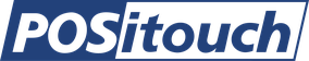 Positouch logo with stylized text in dark blue and black on a blue background.
