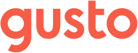 Gusto company logo in bold lowercase red letters.