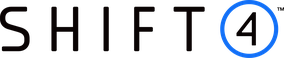 Shift4 company logo with black text and blue circle around the number 4.