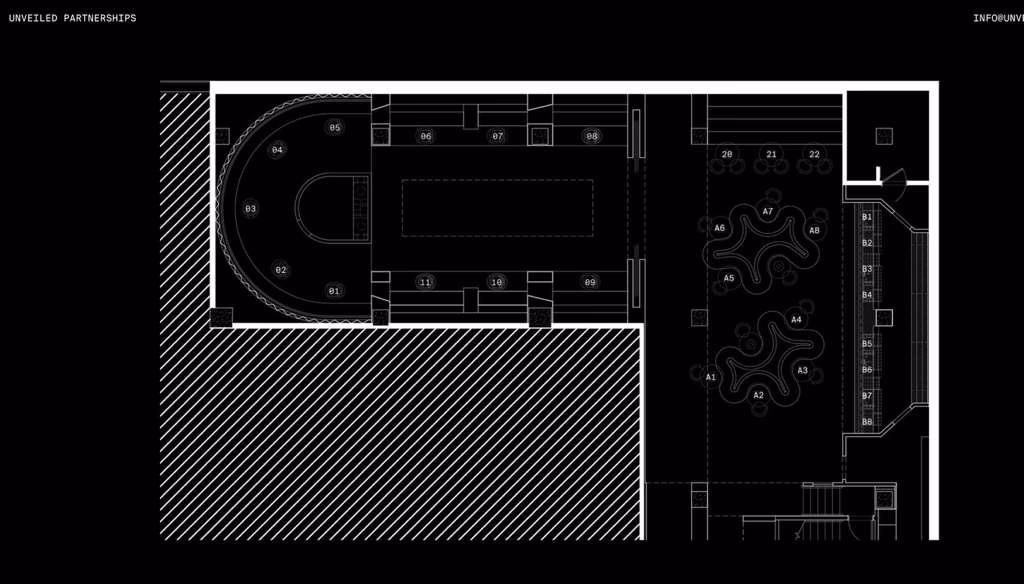 Architectural floor plan with labeled sections, curved and rectangular layouts, and seating arrangements on a black background.
