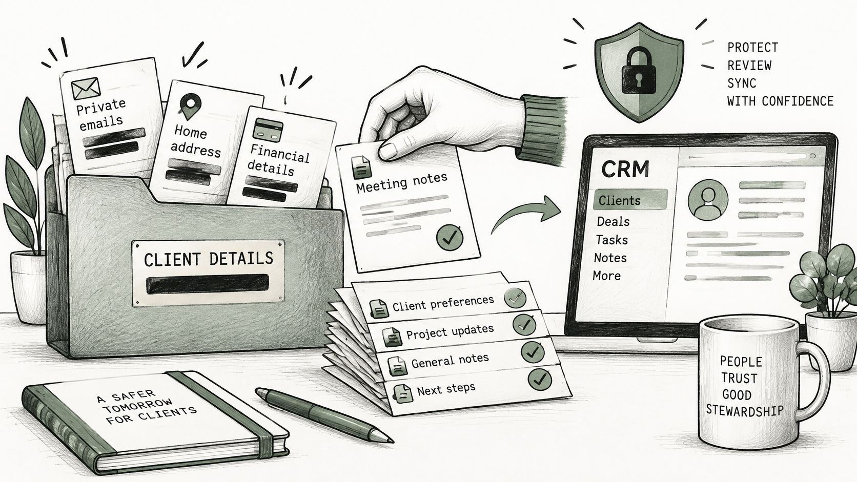 An illustration showing physical client files being digitized and organized into a secure CRM software system.