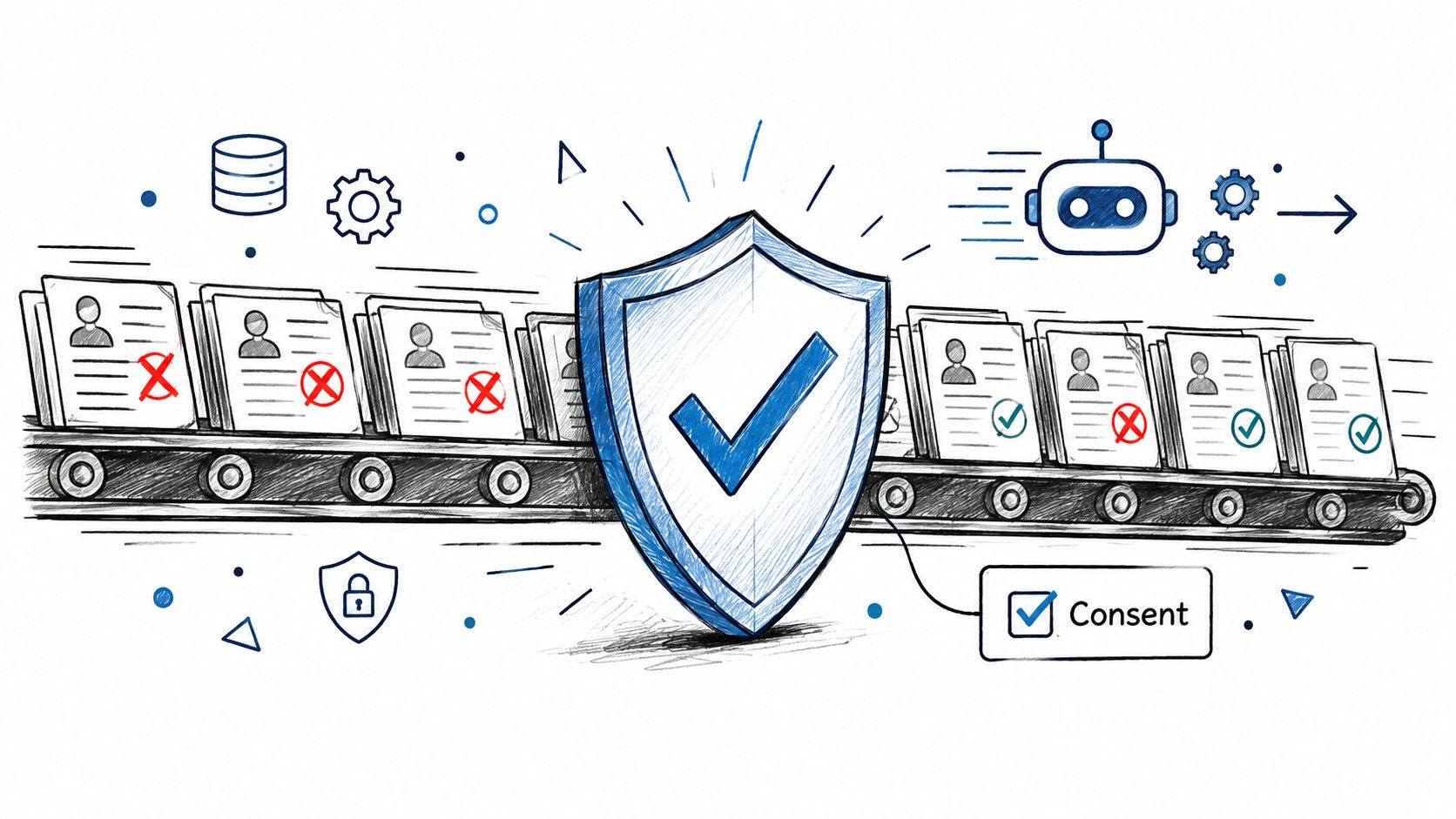 A digital illustration showing documents on a conveyor belt being protected by a shield with a checkmark