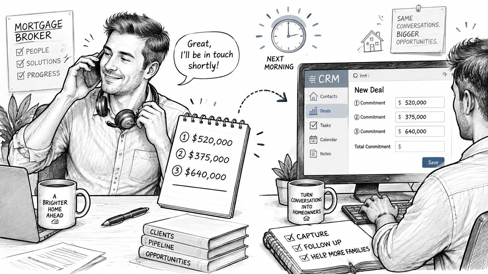 A mortgage broker using CRM software to manage client deals and track home loan commitments efficiently.