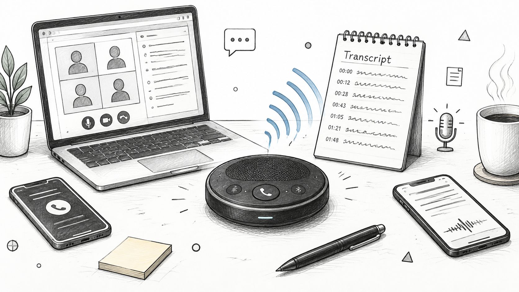 A pencil sketch of a modern home office setup with a laptop, smartphone, and conference speaker.