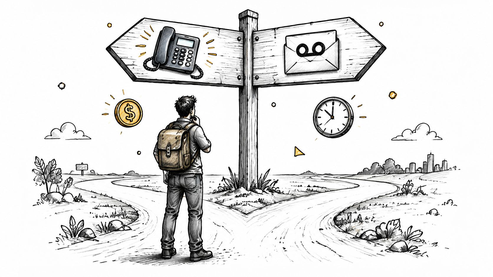 A person standing at a crossroads deciding between making a phone call or leaving a voicemail message.