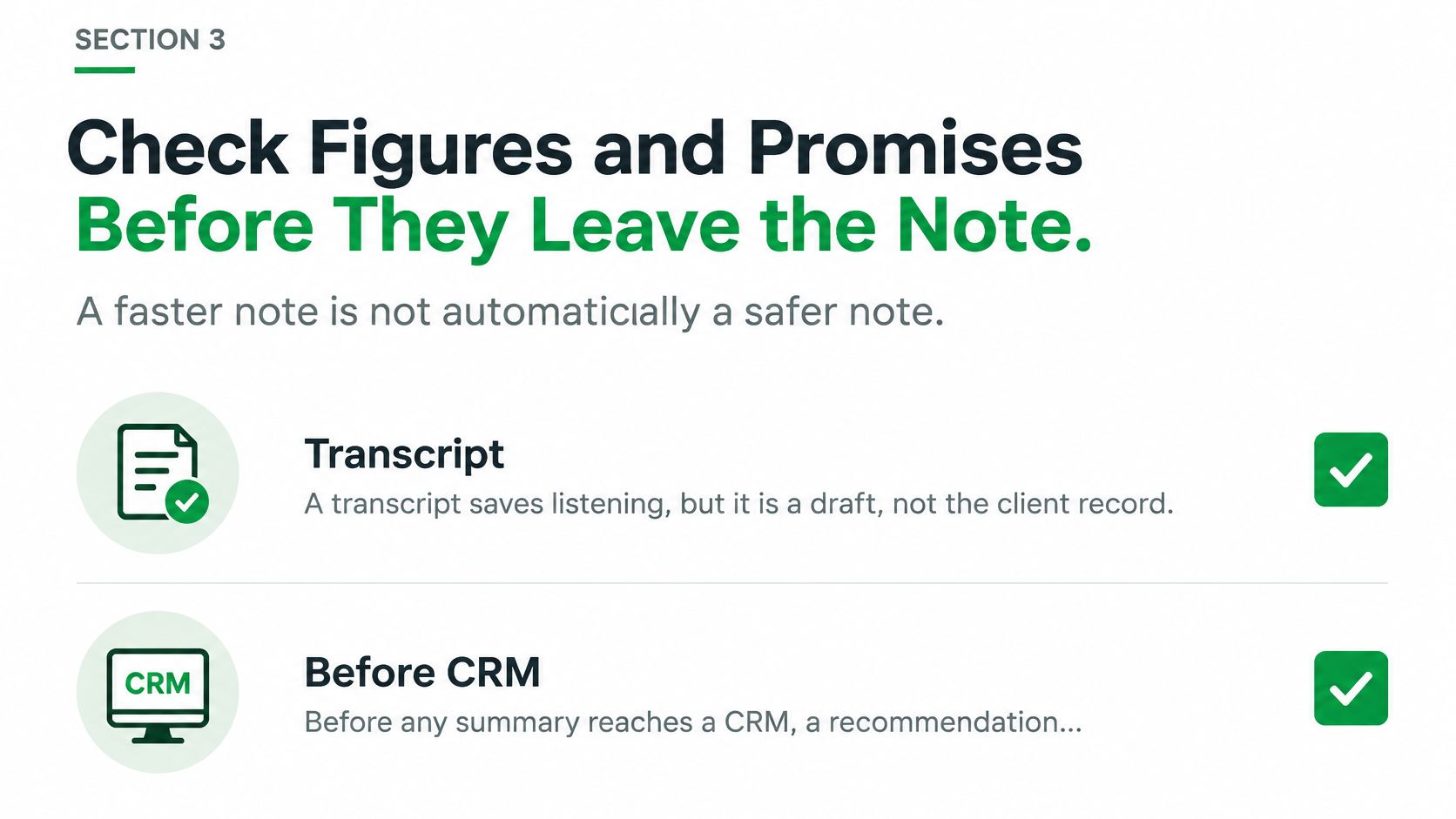 A graphic highlighting the importance of verifying accuracy in notes before saving them to a CRM system.