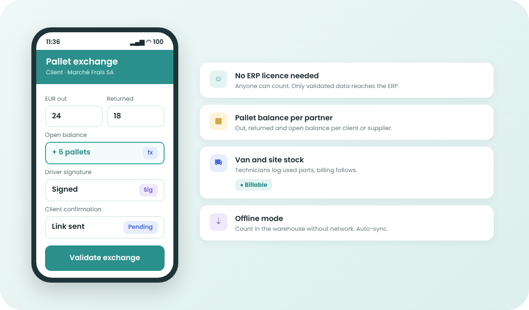 Échange de palettes consignées saisi sur mobile