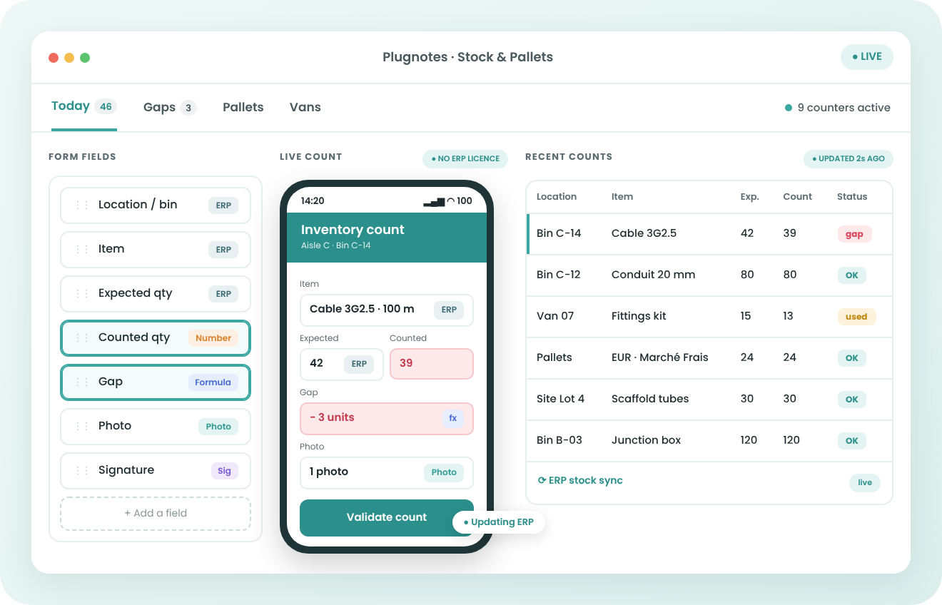 Inventaire mobile Plugnotes avec écart entre stock ERP et comptage