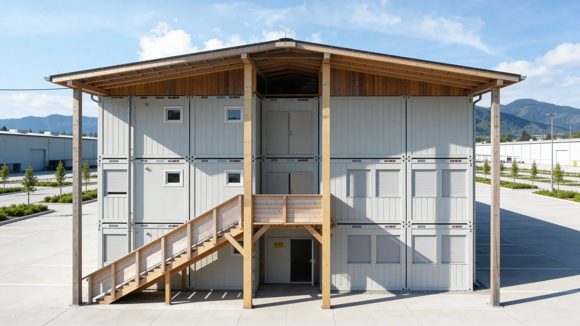 Modular workforce accommodation building with sleeping rooms and dining areas