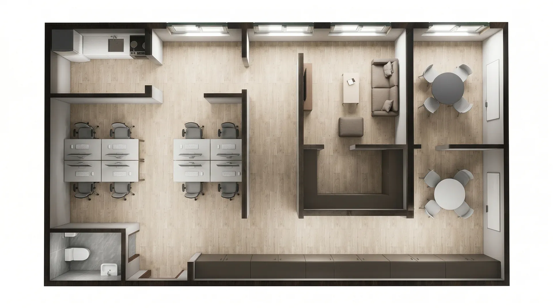 Modular kindergarten teacher room with workspace storage and meeting area