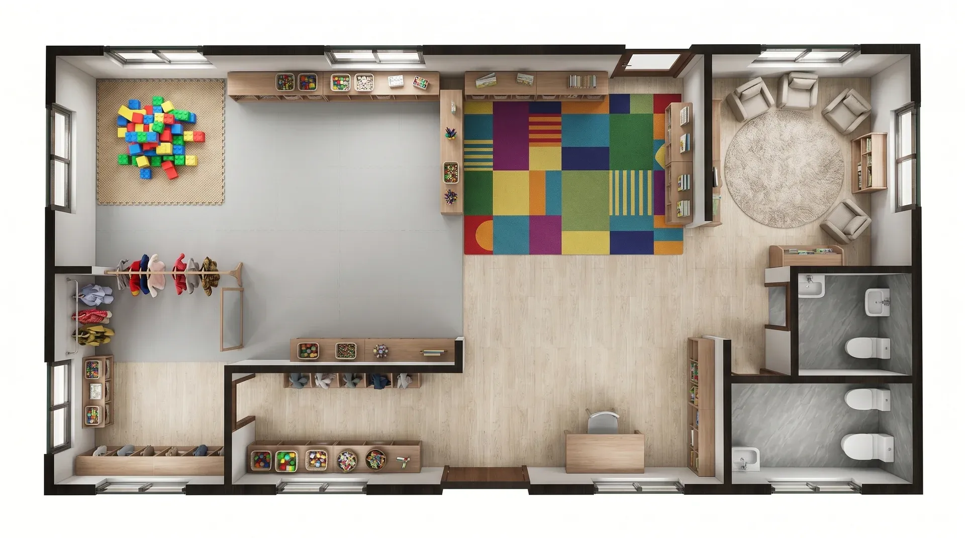 Modular kindergarten play area with open activity space for children