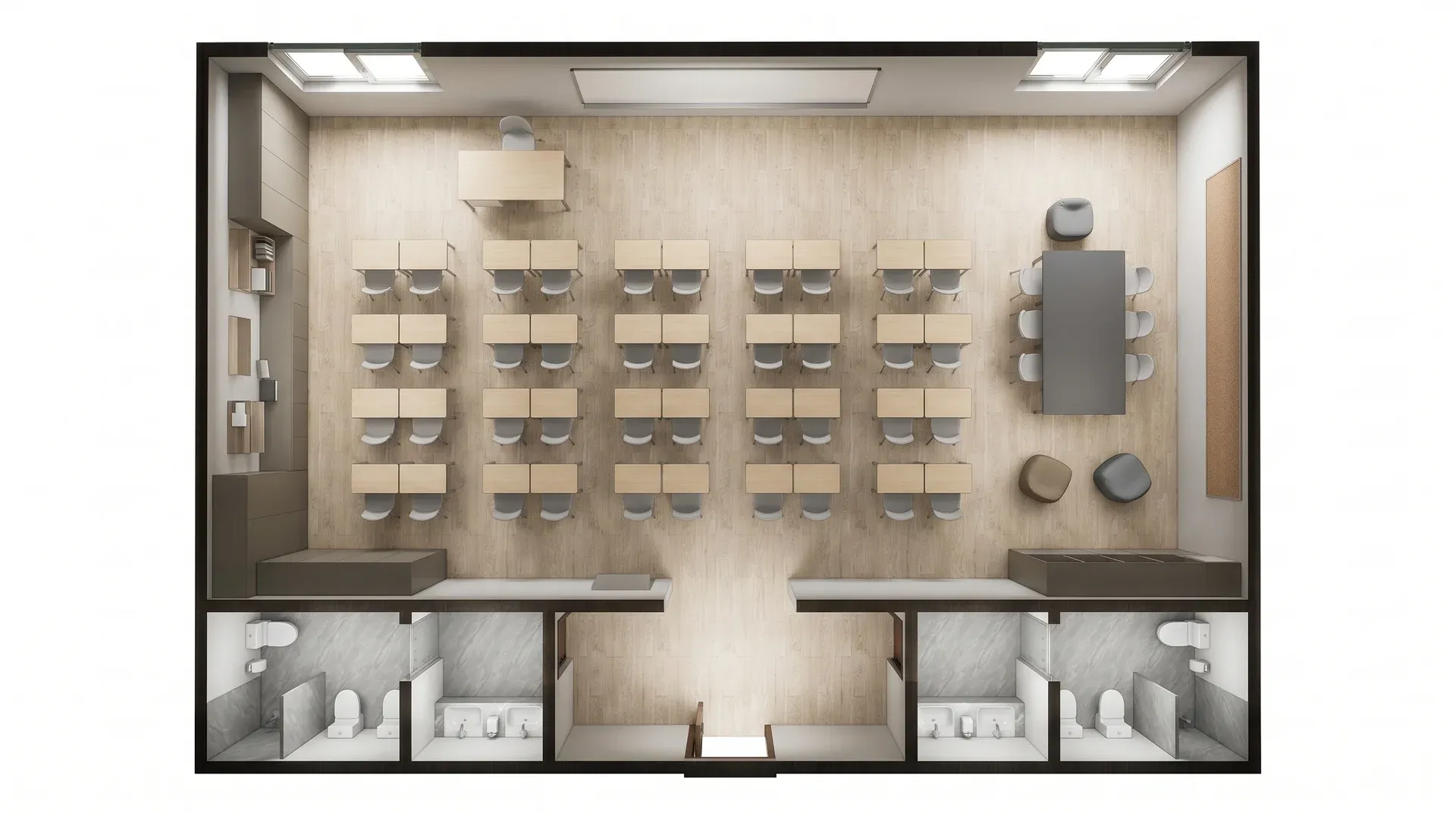 Modular middle school classroom with flexible learning space and student desks