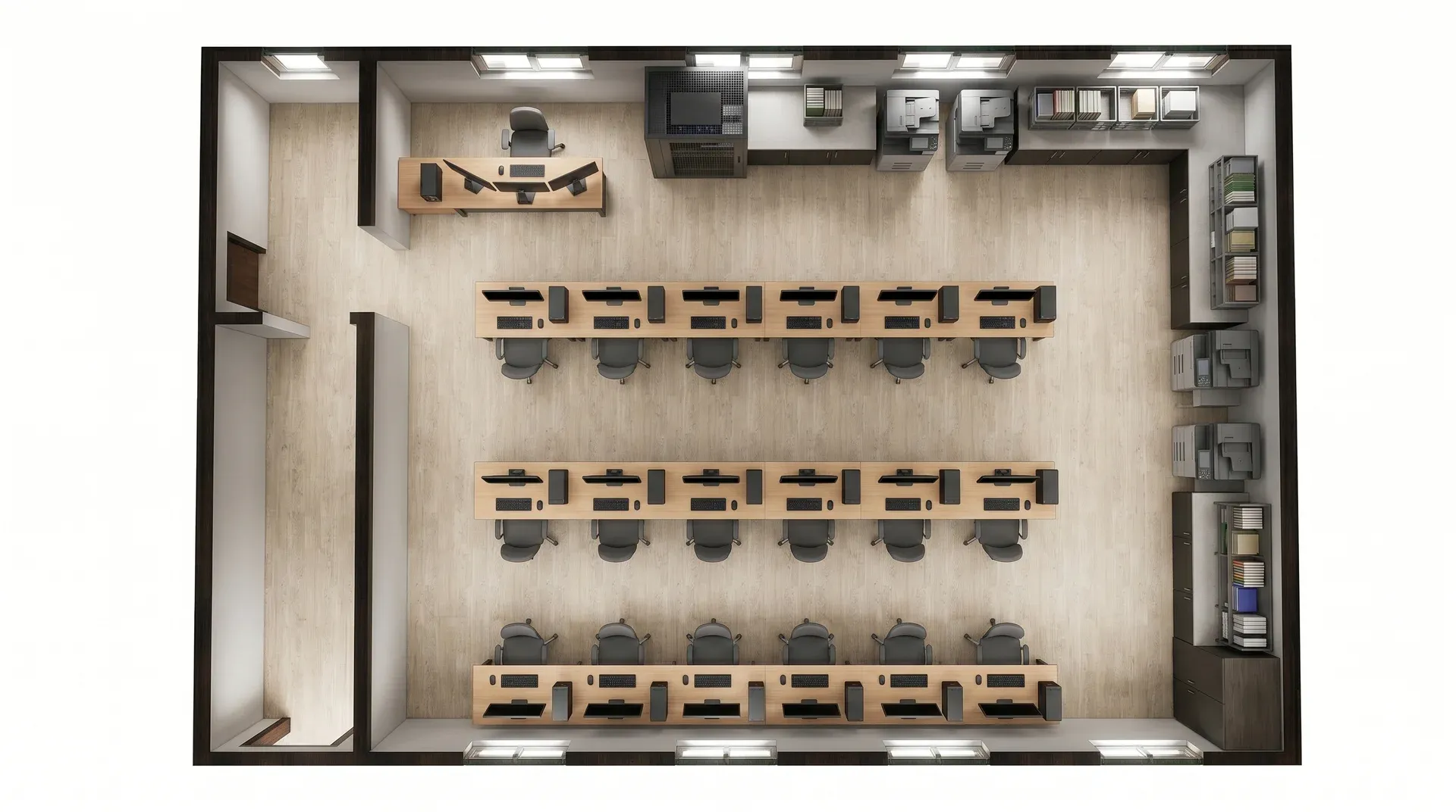 Modular middle school IT room with computer workstations and digital learning setup