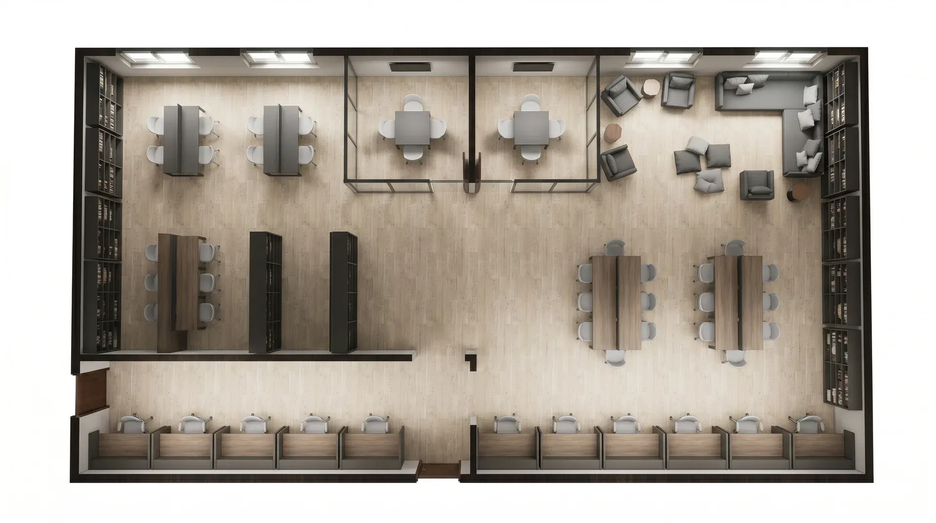 Modular high school study area with quiet workspaces and student seating
