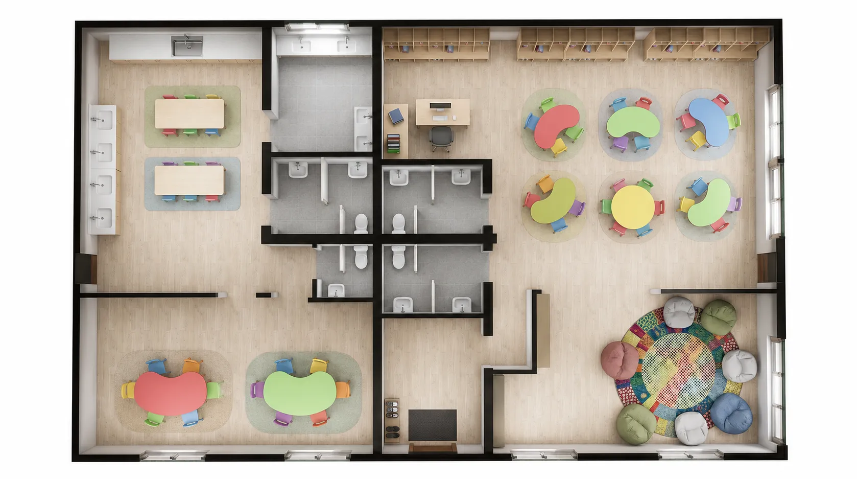Modular kindergarten classroom with child-friendly layout and bright learning space