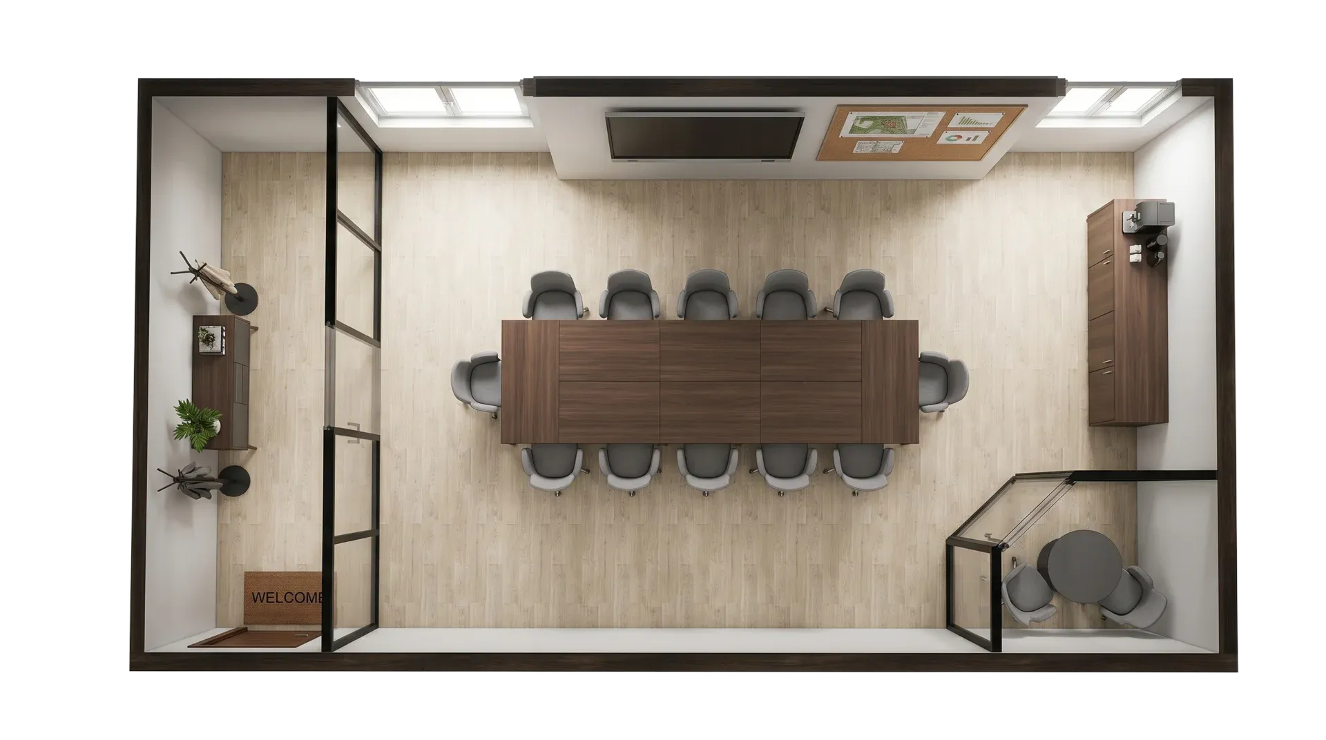 Industrial modular container meeting room with conference table, seating, screen and site planning setup