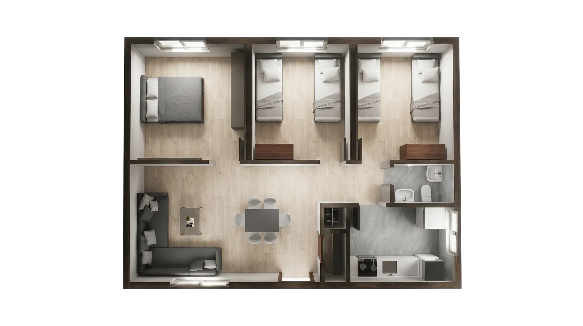 Container refugee housing unit for women and children with safe layout, private areas and family-friendly interior