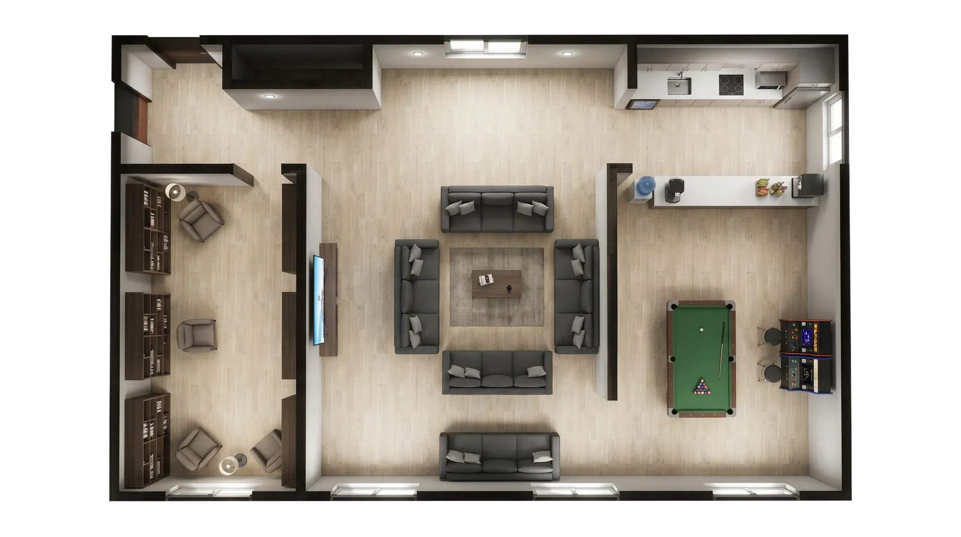 Industrial modular container break area with seating, kitchenette, tables and practical staff rest space