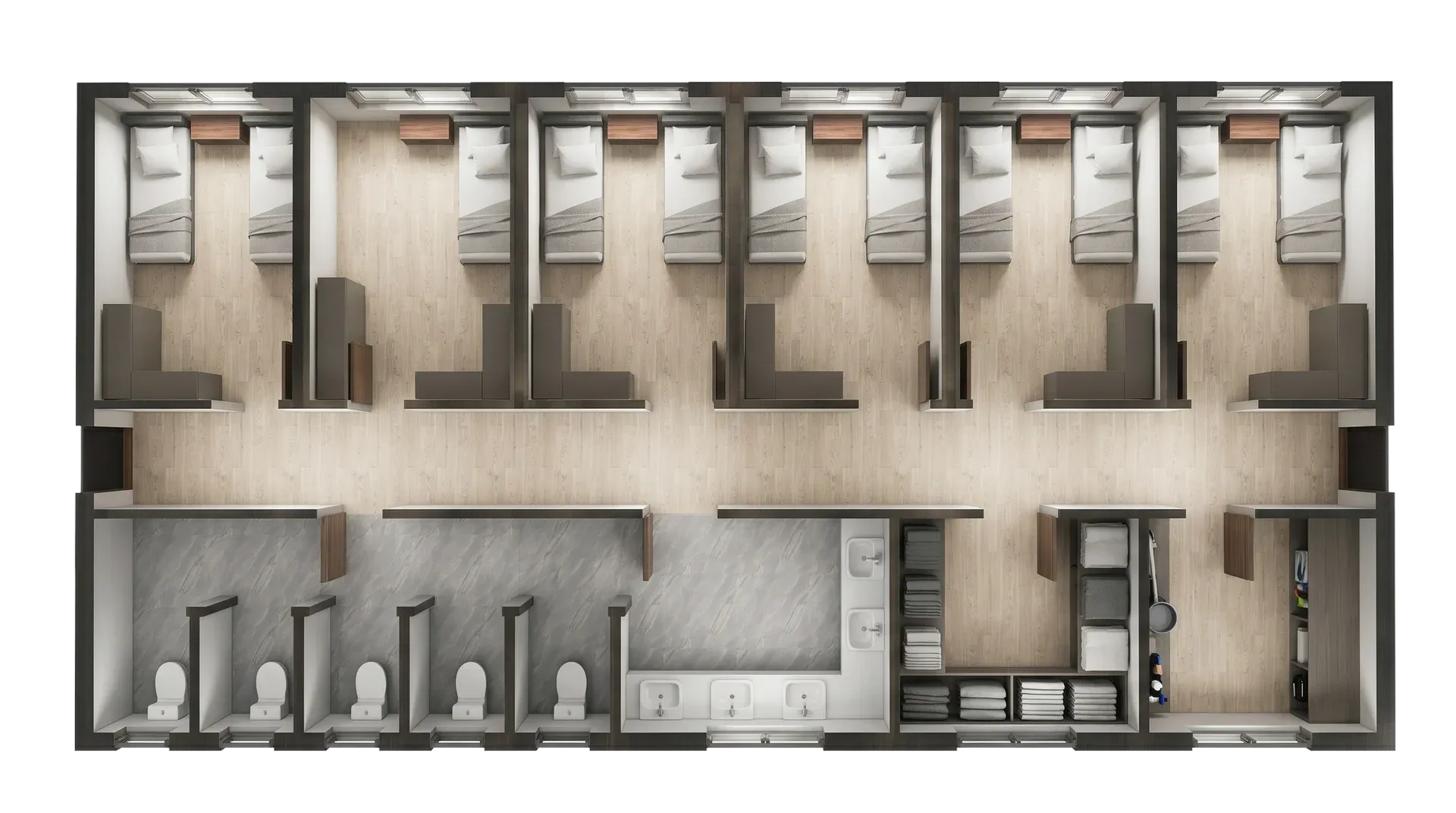 Modular workforce accommodation sleeping room with beds, storage and practical living setup