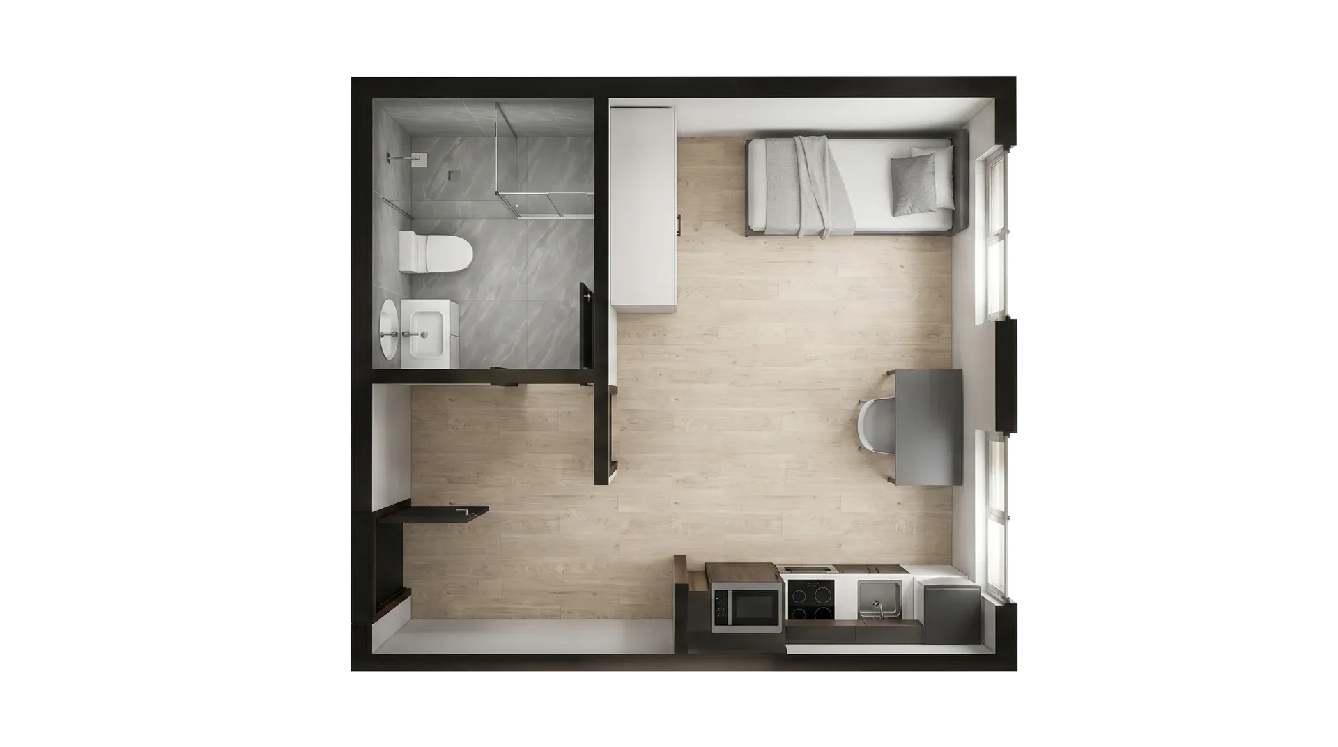 Modular student housing studio room with bed, desk, storage and compact private living layout