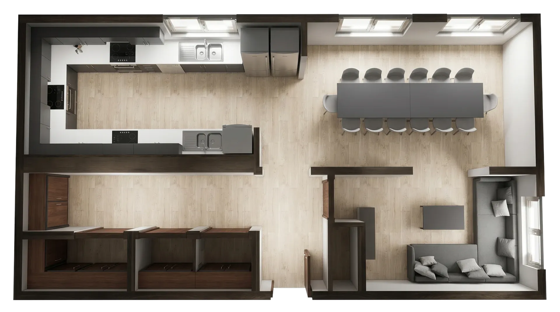 Modular student housing shared kitchen with counters, appliances, storage and communal dining area