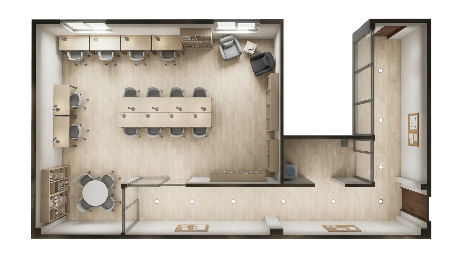 Modular student housing study area with desks, seating, quiet work zones and collaborative learning setup