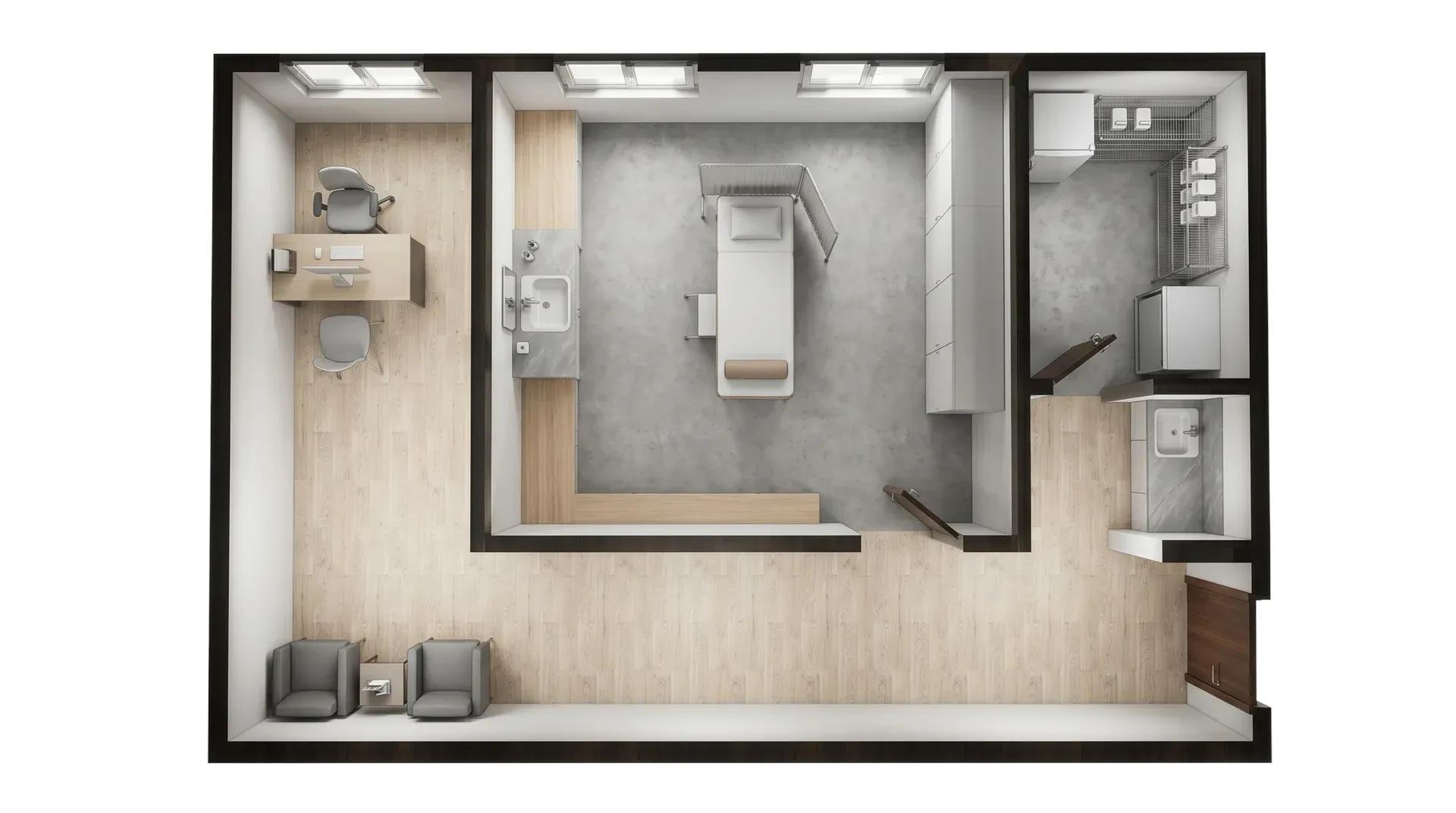 Container emergency housing support area with help desk, seating and resident assistance space