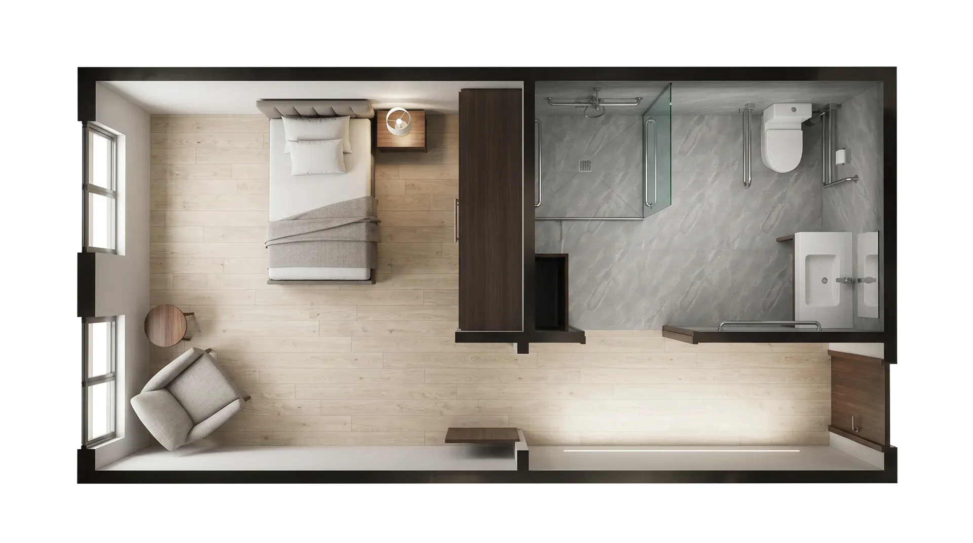 Modular senior living private room with bed, seating, storage and comfortable residential layout